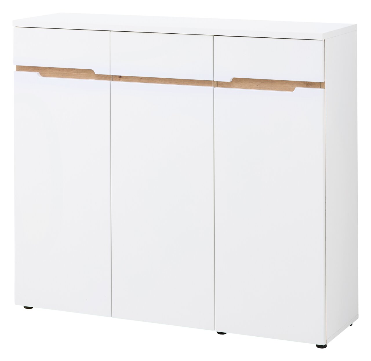 XORA XL-Schuhschrank breit MEMPHIS Moderner, weißer XL-Schuhschrank mit drei Türen und Holzdetails, Frontalansicht.