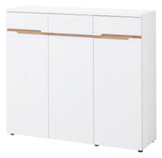 Moderne, witte XL-schoenenkast met drie deuren en houten details, gezien van voren.