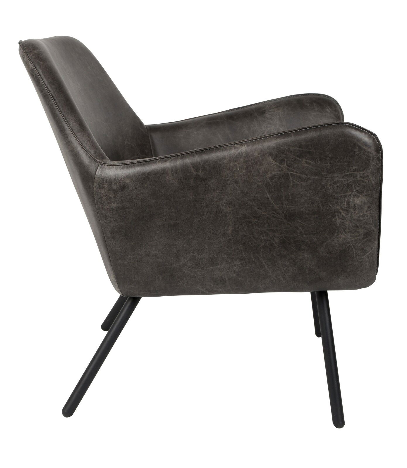 Seitenansicht eines Sessels mit dunklem Lederbezug und schwarzen Metallbeinen.