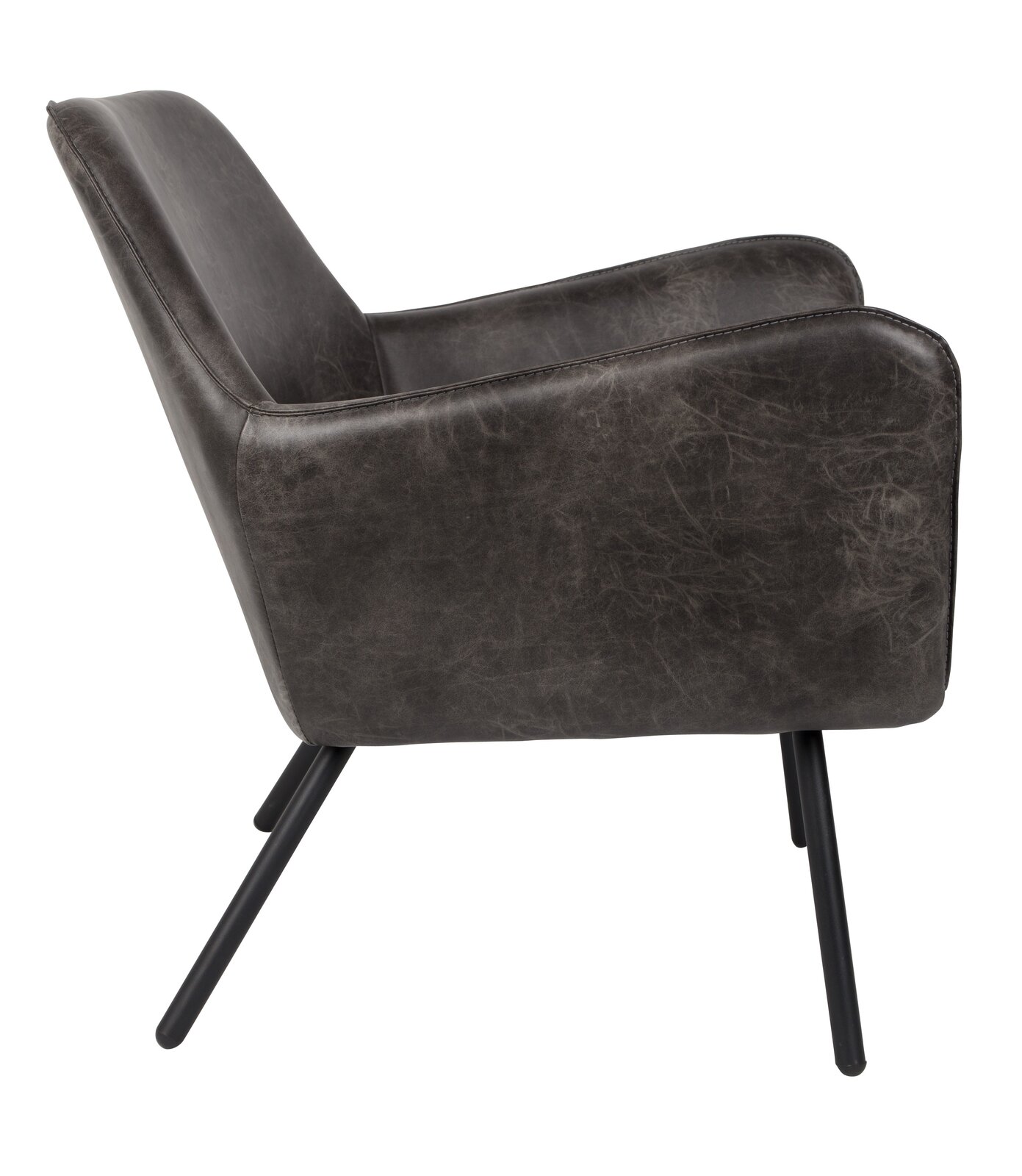 Seitenansicht eines Sessels mit dunklem Lederbezug und schwarzen Metallbeinen.