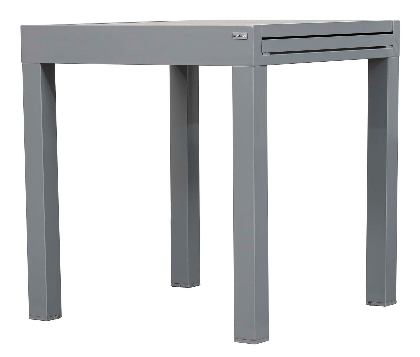 Moderner grauer Gartentisch aus Metall, seitliche Perspektive