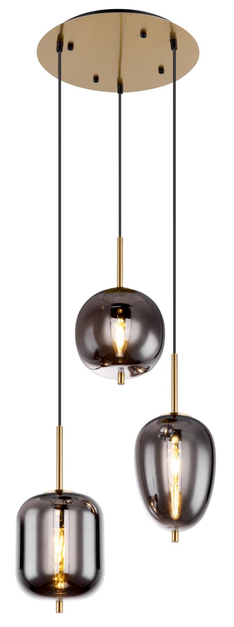 Globo Lighting Hängeleuchte BLACKY I Moderne Hängeleuchte mit drei rauchgrauen Glaskugeln und goldenen Akzenten, von unten betrachtet.
