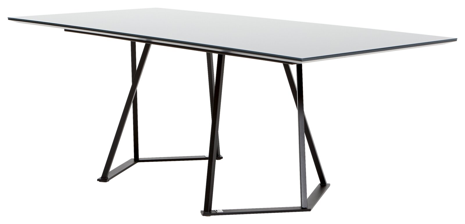 Moderner Esstisch mit Glasplatte und schwarzem Metallgestell, seitliche Perspektive