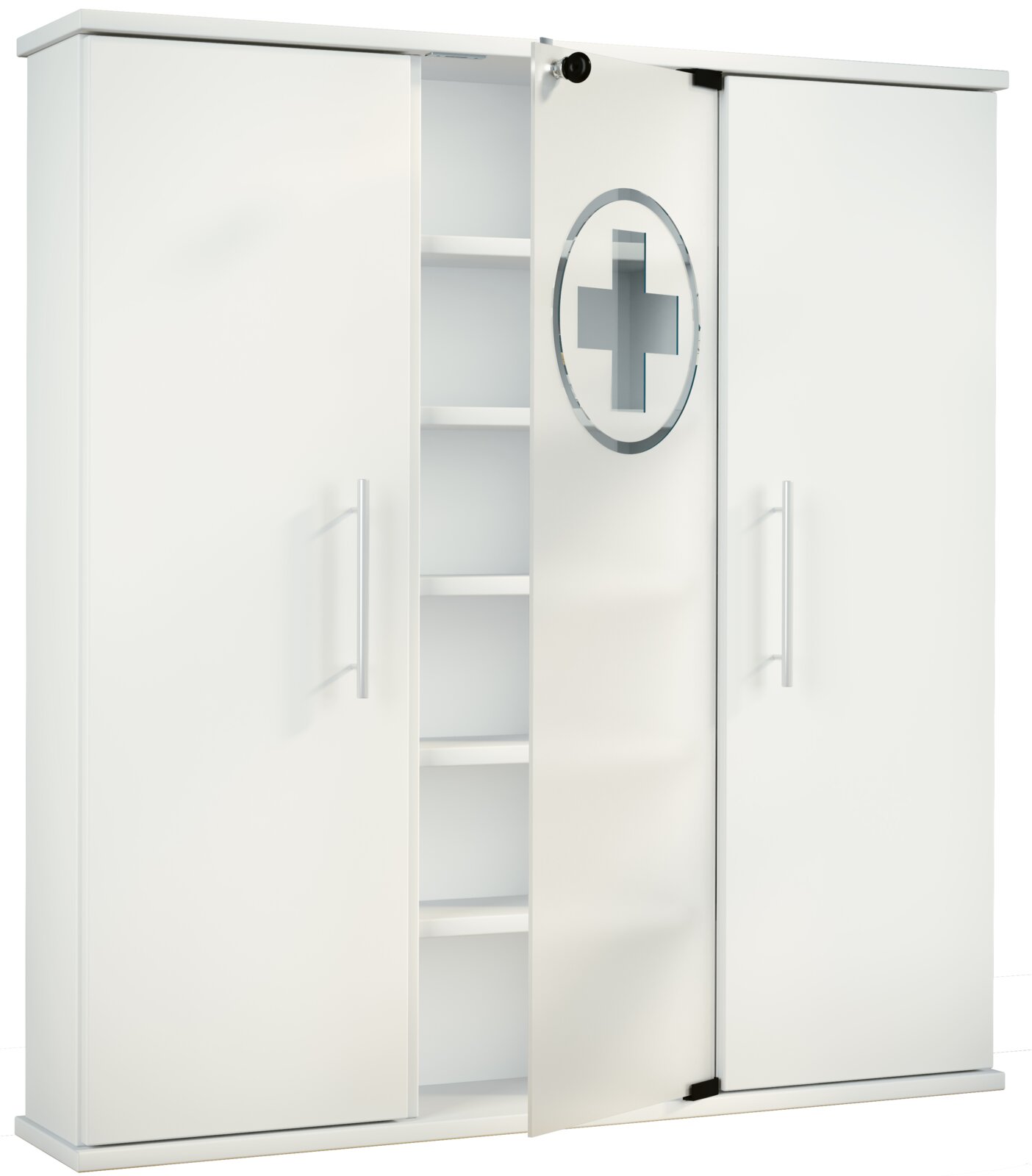 Weißer Medikamentenschrank mit drei Türen, mittlere Tür geöffnet mit Regalböden und Apothekenkreuz-Symbol, Frontansicht leicht schräg von rechts