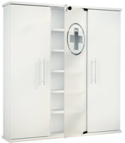 Weißer Medikamentenschrank mit drei Türen, mittlere Tür geöffnet mit Regalböden und Apothekenkreuz-Symbol, Frontansicht leicht schräg von rechts