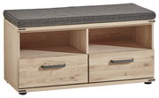 Garderobenbank aus Holz mit zwei Schubladen und grauem Sitzkissen, frontale Ansicht