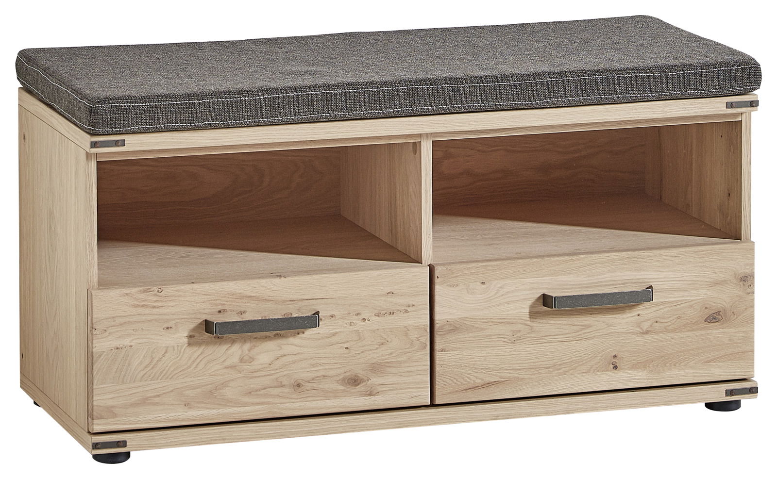 Garderobenbank aus Holz mit zwei Schubladen und grauem Sitzkissen, frontale Ansicht