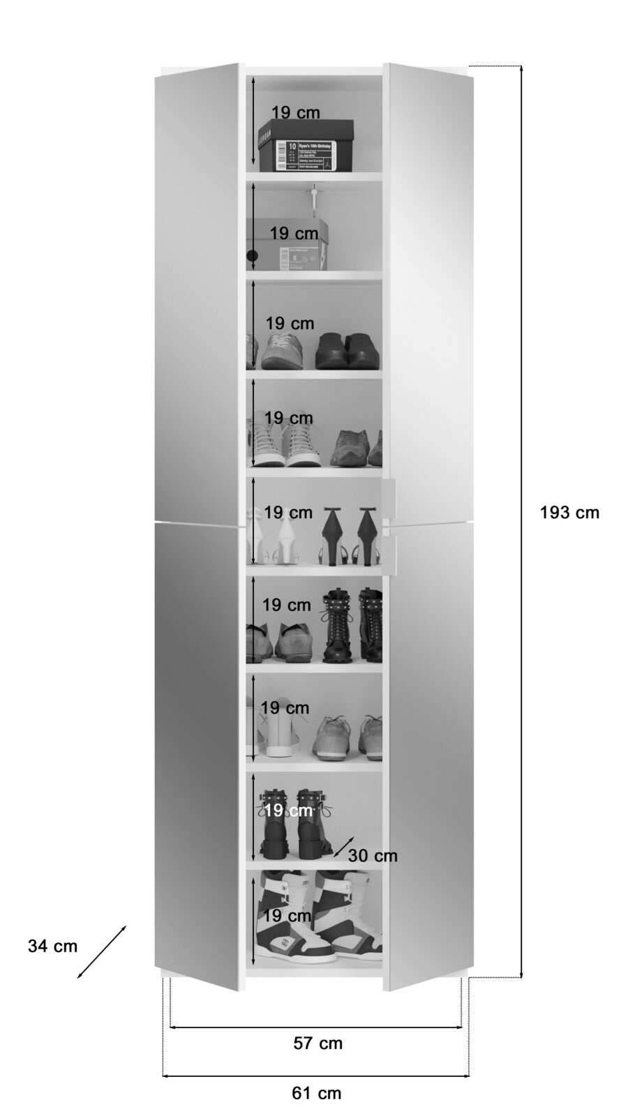 Frontale Ansicht einer Garderobenkombination mit mehreren Fächern, gefüllt mit Schuhen und Boxen, Maße: 193 cm hoch, 61 cm tief, 57 cm breit.