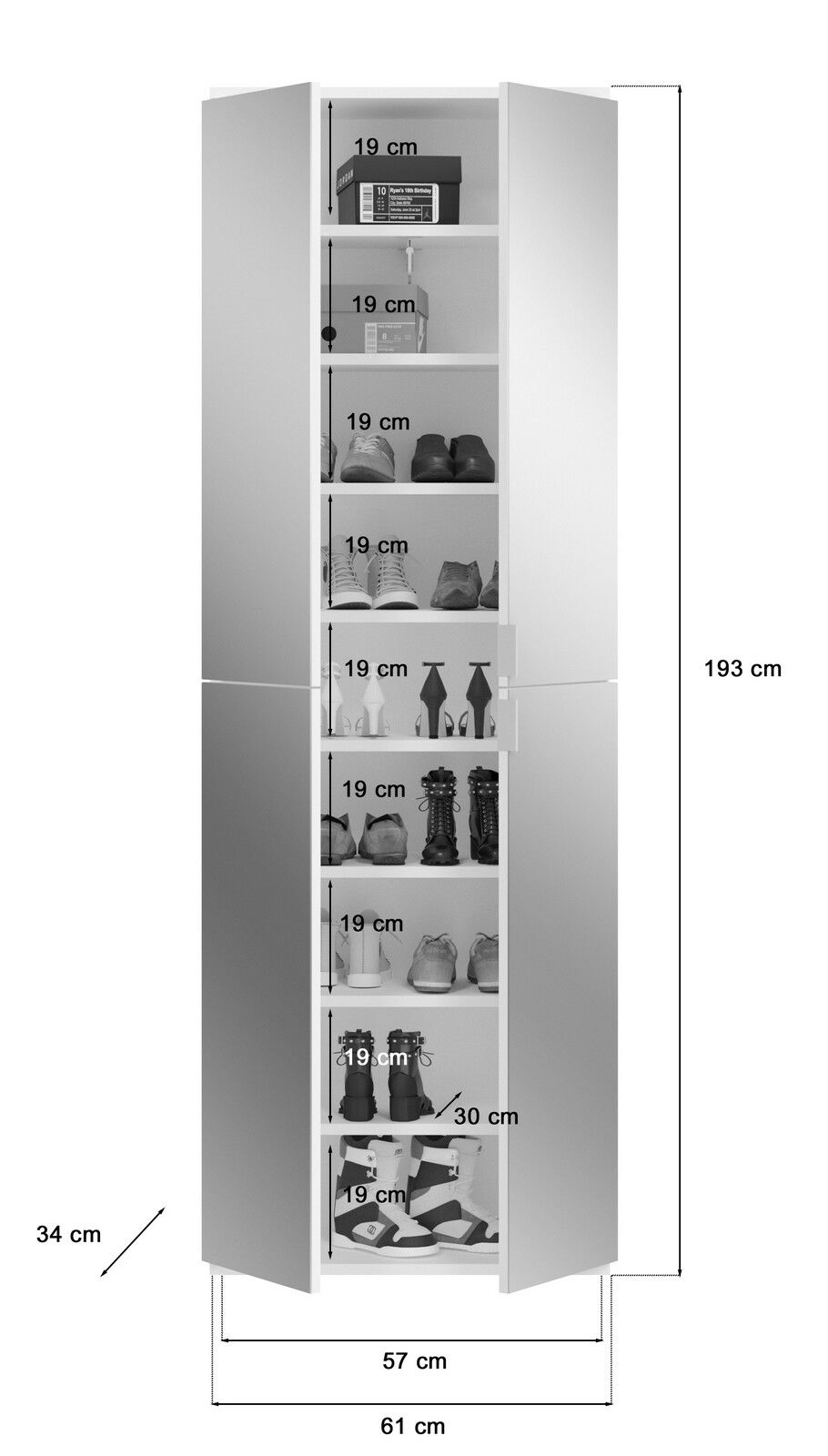 Frontale Ansicht einer Garderobenkombination mit mehreren Fächern, gefüllt mit Schuhen und Boxen, Maße: 193 cm hoch, 61 cm tief, 57 cm breit.