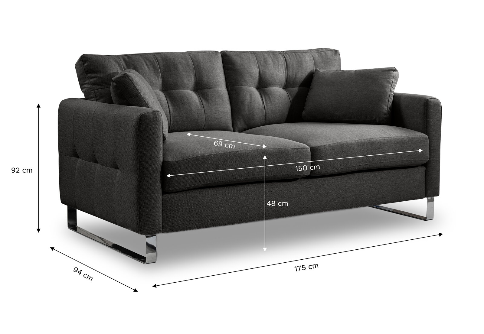 Dunkelgraues 2-Sitzer-Sofa mit gesteppter Rückenlehne, zwei Kissen und verchromten Kufenfüßen, mit Maßangaben (B 175 cm, T 94 cm, H 92 cm, Sitzhöhe 48 cm, Sitzbreite 150 cm), in schräger Frontansicht von links.