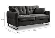 Dunkelgraues 2-Sitzer-Sofa mit gesteppter Rückenlehne, zwei Kissen und verchromten Kufenfüßen, mit Maßangaben (B 175 cm, T 94 cm, H 92 cm, Sitzhöhe 48 cm, Sitzbreite 150 cm), in schräger Frontansicht von links.