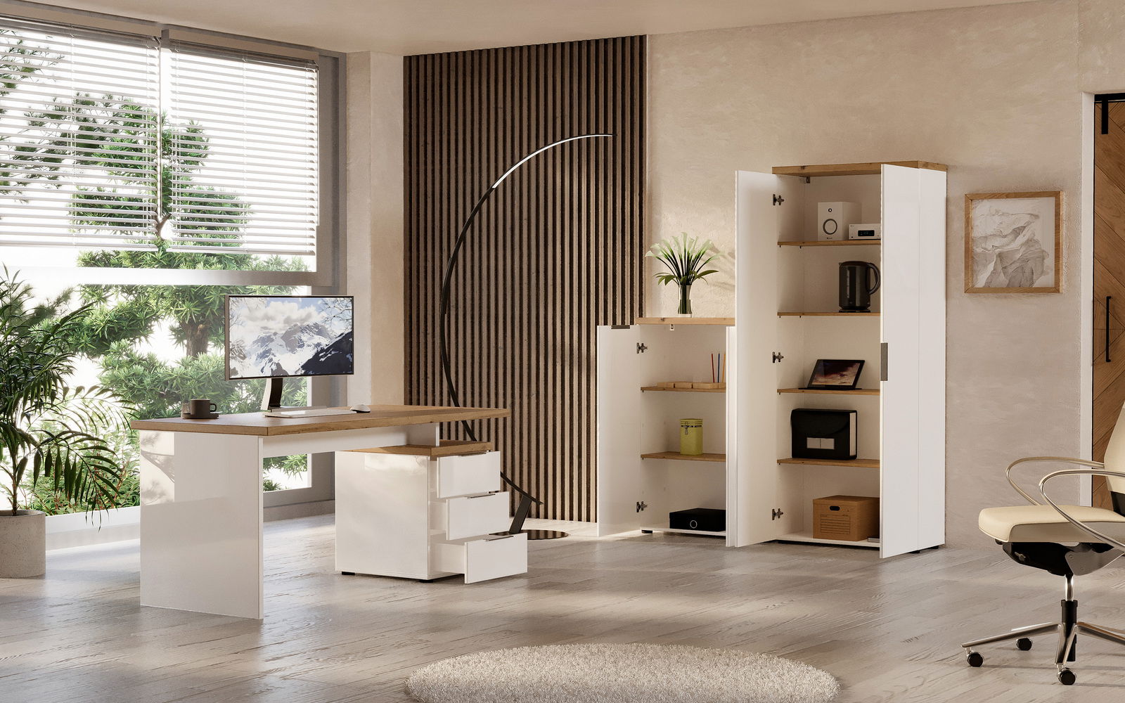 Moderner Büroraum mit Eckschreibtisch und Aktenschrank, seitliche Perspektive