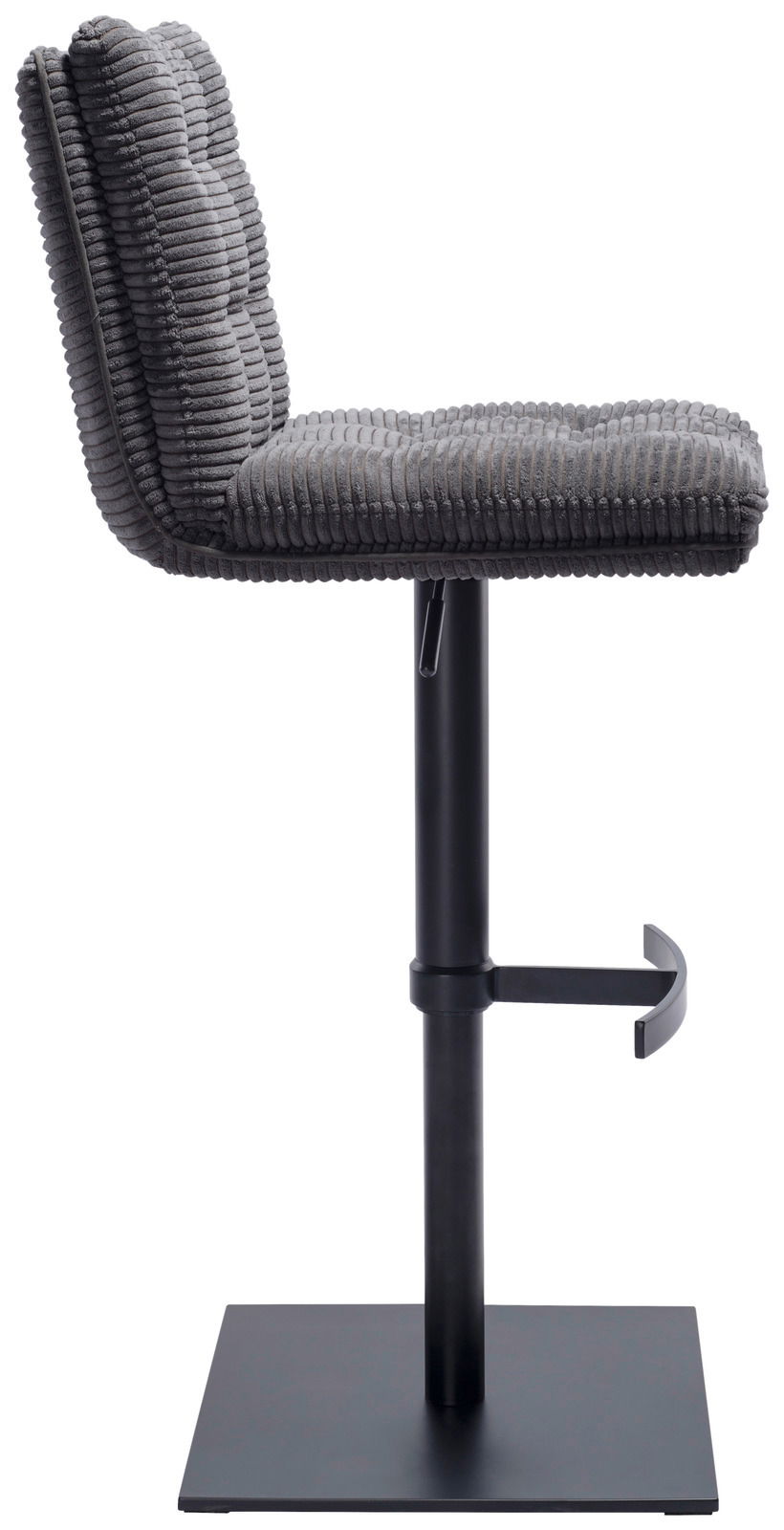 Seitenansicht eines grauen Barhockers mit geripptem Stoffbezug und schwarzem Metallgestell.