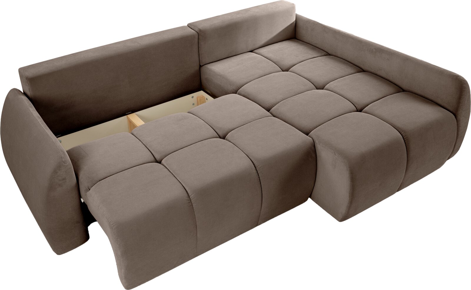 Eckschlafsofa in brauner Farbe, ausgezogen mit Stauraum, Perspektive von oben.