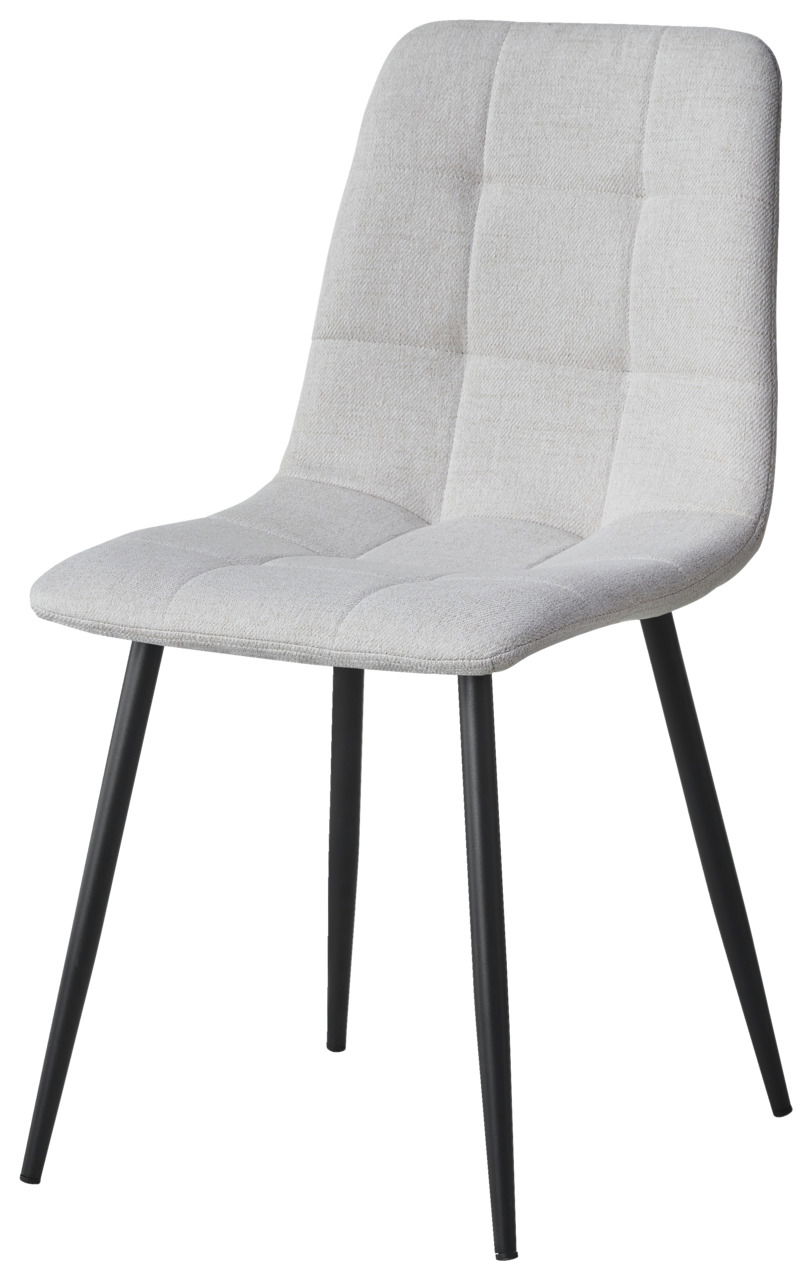 Moderner Stuhl mit hellgrauem, gepolstertem Sitz und Rückenlehne, sowie schwarzen Metallbeinen, seitliche Perspektive