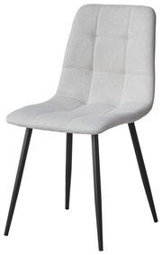 Moderner Stuhl mit hellgrauem, gepolstertem Sitz und Rückenlehne, sowie schwarzen Metallbeinen, seitliche Perspektive