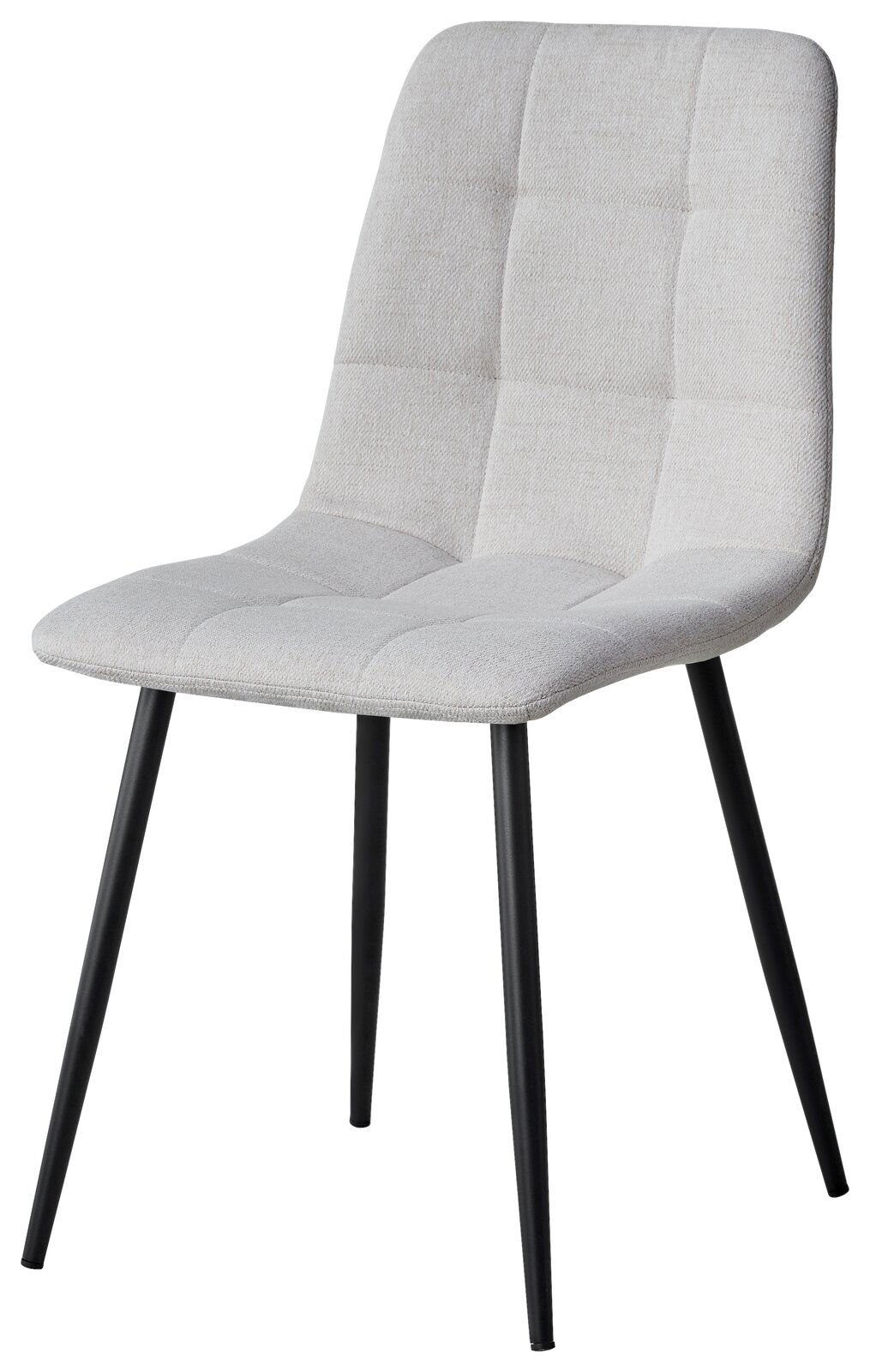 Moderner Stuhl mit hellgrauem, gepolstertem Sitz und Rückenlehne, sowie schwarzen Metallbeinen, seitliche Perspektive