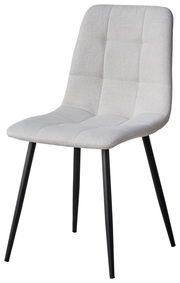 Moderner Stuhl mit hellgrauem, gepolstertem Sitz und Rückenlehne, sowie schwarzen Metallbeinen, seitliche Perspektive