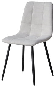 Moderner Stuhl mit hellgrauem, gepolstertem Sitz und Rückenlehne, sowie schwarzen Metallbeinen, seitliche Perspektive