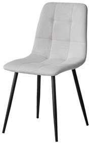 Moderner Stuhl mit hellgrauem, gepolstertem Sitz und Rückenlehne, sowie schwarzen Metallbeinen, seitliche Perspektive