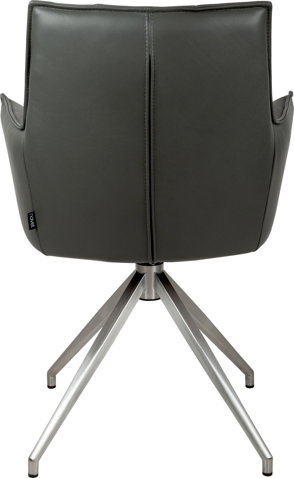 Rückansicht eines modernen Drehstuhls in Dunkelgrau mit gepolsterter Rückenlehne in Lederoptik und gebürstetem Metall-Fußkreuz