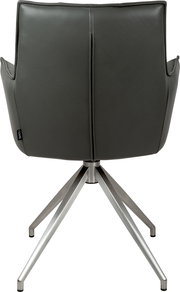 Rückansicht eines modernen Drehstuhls in Dunkelgrau mit gepolsterter Rückenlehne in Lederoptik und gebürstetem Metall-Fußkreuz