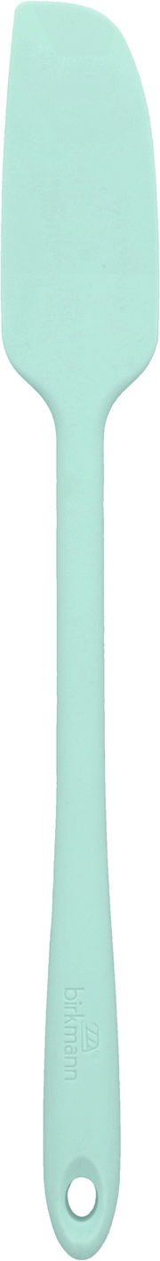 Mintfarbener, schmaler Teigschaber aus Silikon, frontal abgebildet.