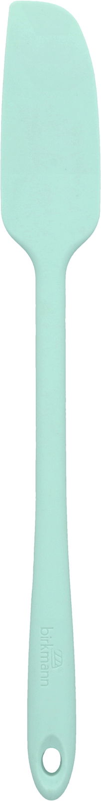 Mintfarbener, schmaler Teigschaber aus Silikon, frontal abgebildet.