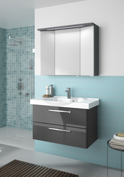 Moderner Badblock mit grauem Waschtisch und Spiegelschrank, seitliche Perspektive