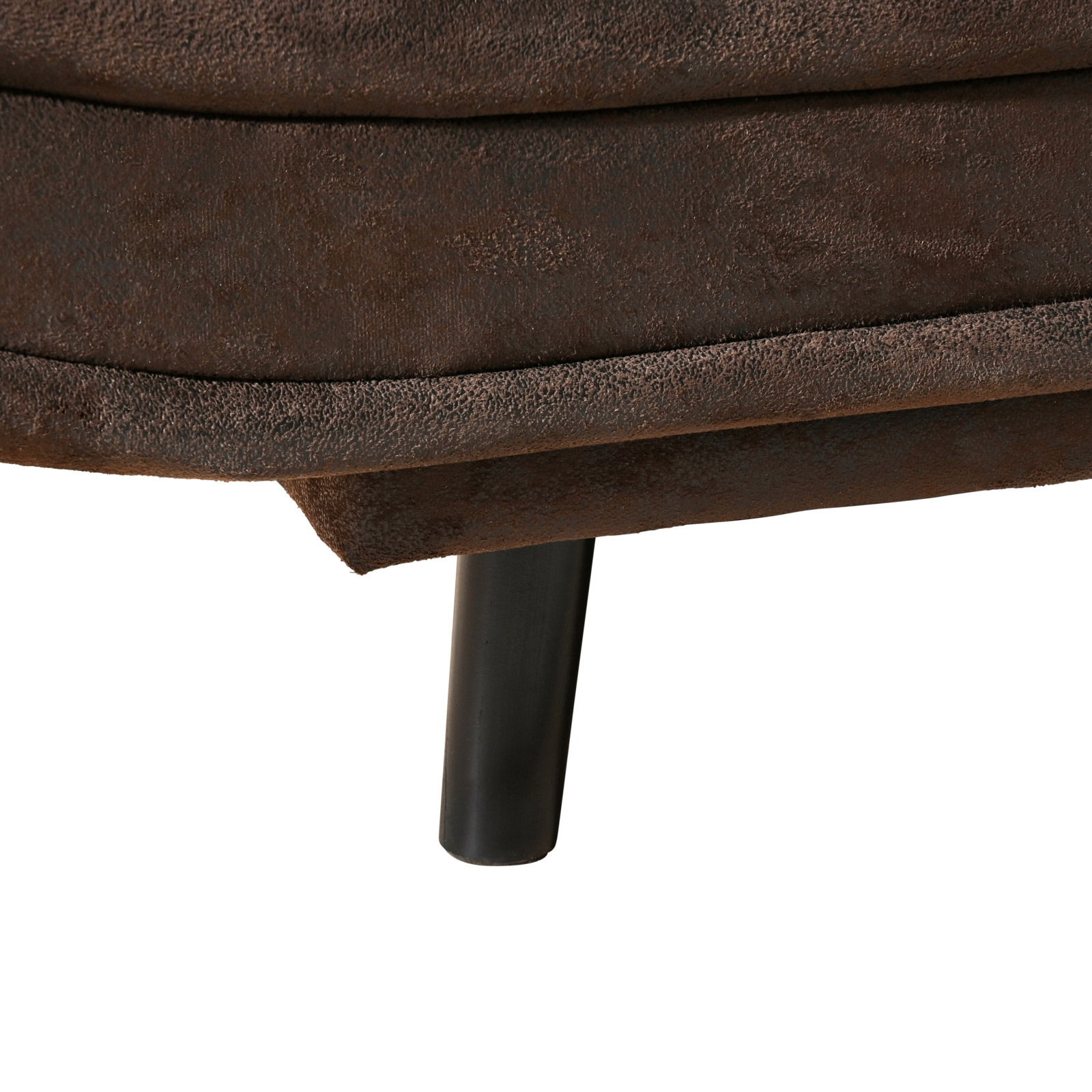 Nahaufnahme eines braunen Funktionssofas mit schwarzem Bein, seitliche Perspektive