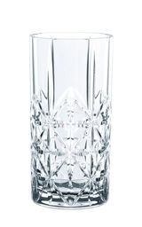 Hochwertiges Longdrinkglas mit elegantem Schliffmuster, seitliche Perspektive