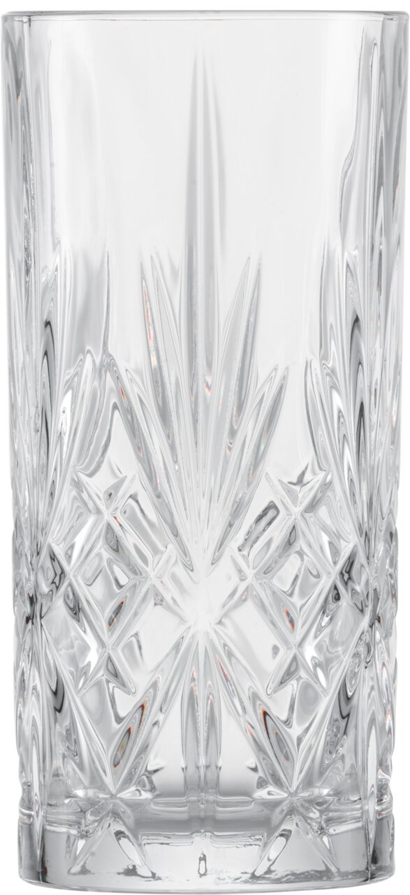 Kristallklares Longdrinkglas mit elegantem Schliffmuster, frontale Ansicht