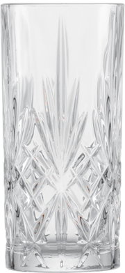 Kristallklares Longdrinkglas mit elegantem Schliffmuster, frontale Ansicht
