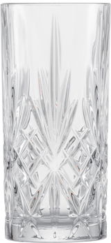 Kristallklares Longdrinkglas mit elegantem Schliffmuster, frontale Ansicht