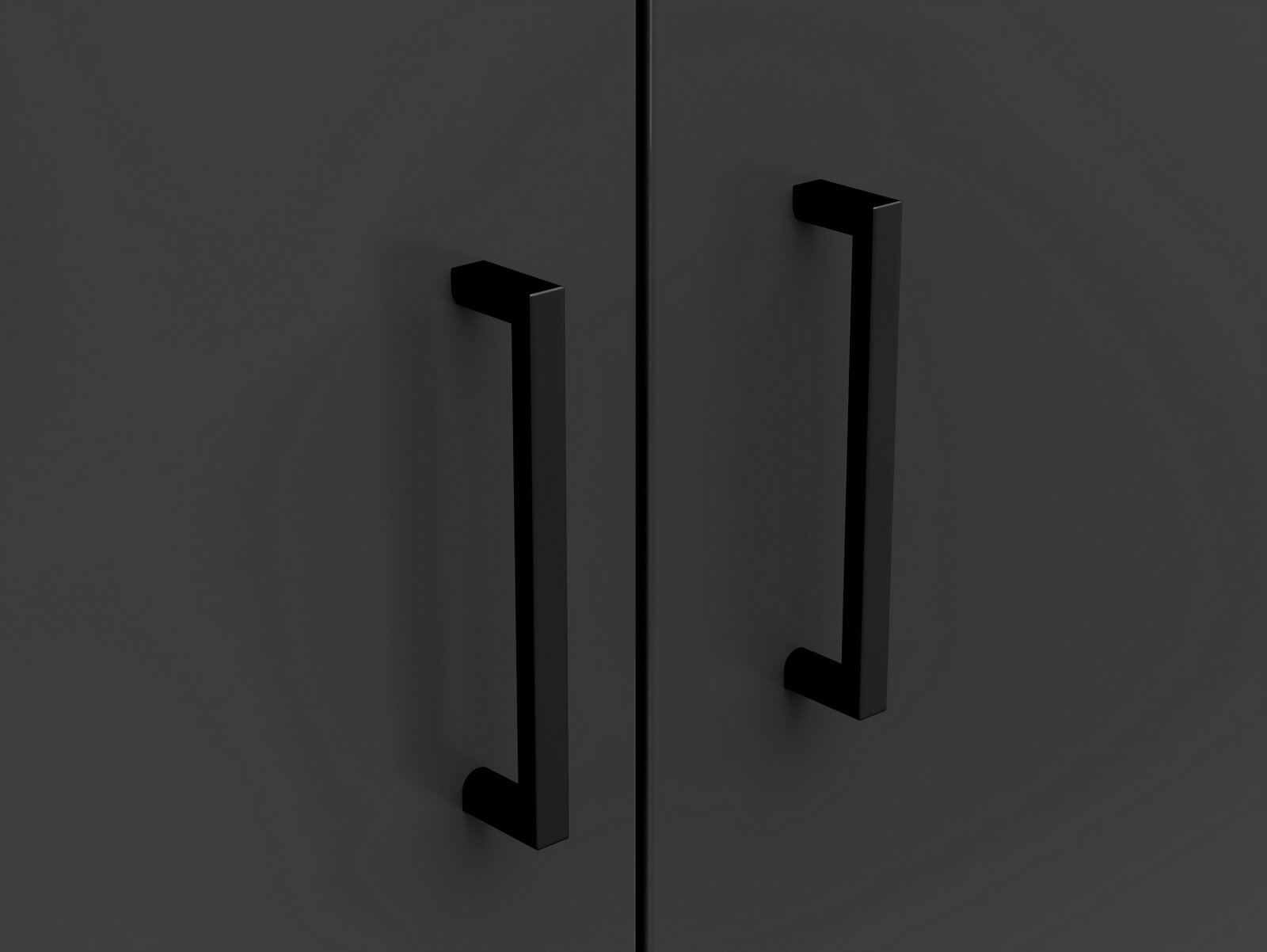 Nahaufnahme von zwei schwarzen Griffen an einem dunklen Mehrzweck-Vorratsschrank, Frontalansicht.