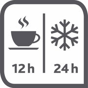 Symbolbild einer Isolierkanne mit einer Tasse und einem Schneeflockensymbol, das die Warmhaltezeit von 12 Stunden und die Kühlhaltezeit von 24 Stunden anzeigt. Frontalansicht.