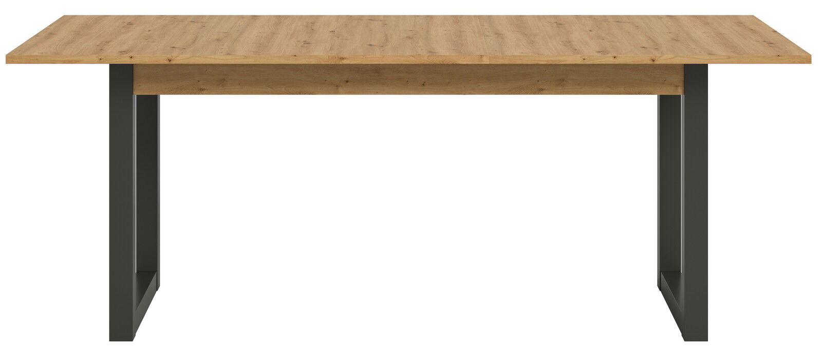 Moderner Esstisch mit Holzplatte und schwarzen Metallbeinen, Frontalansicht