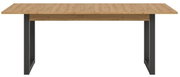 Moderner Esstisch mit Holzplatte und schwarzen Metallbeinen, Frontalansicht