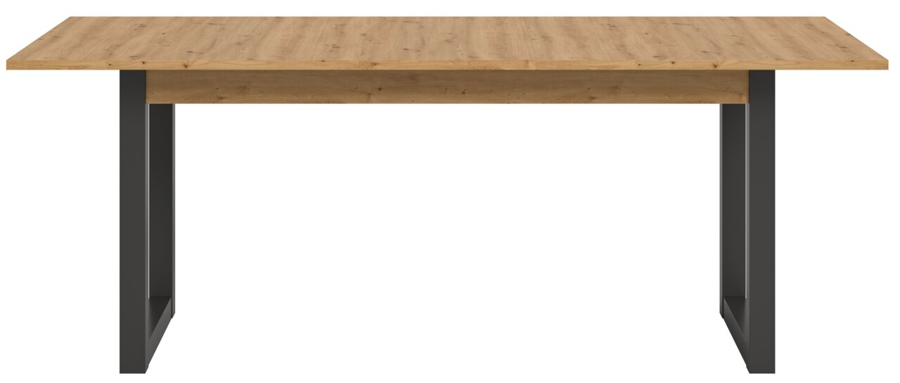 Moderner Esstisch mit Holzplatte und schwarzen Metallbeinen, Frontalansicht