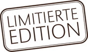 Limitierte Edition Stempel in brauner Schrift auf weißem Hintergrund, schräge Perspektive