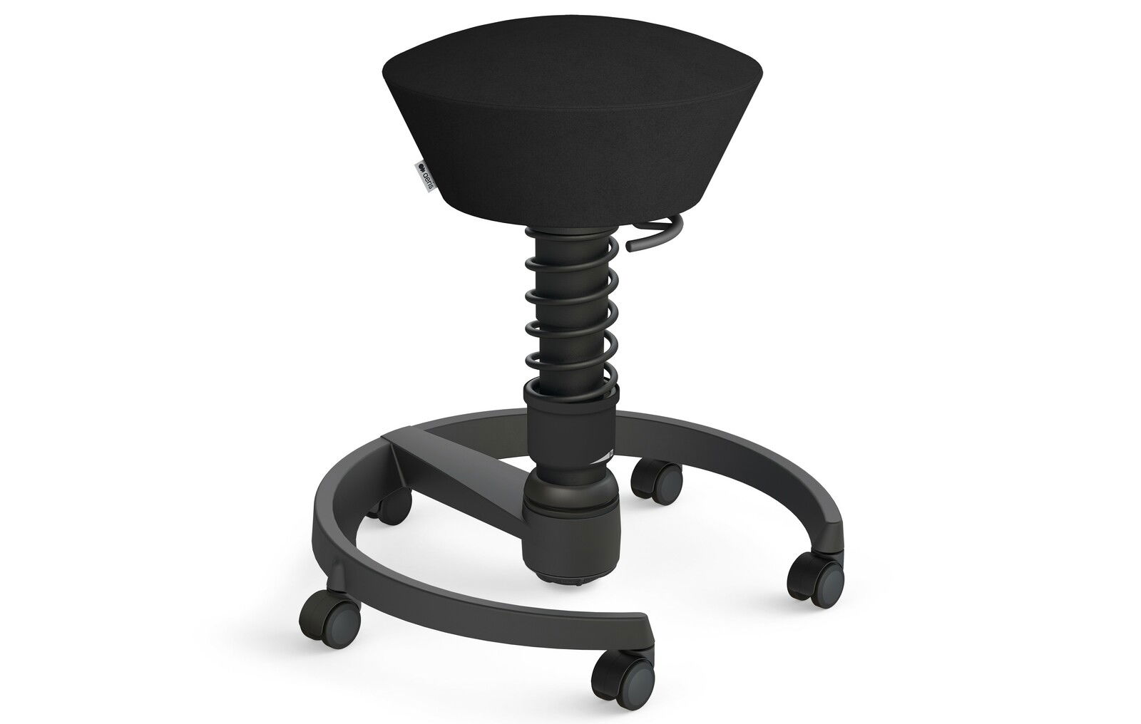 Schwarzer ergonomischer Swopper-Hocker mit Federmechanismus und Rollen, seitliche Perspektive