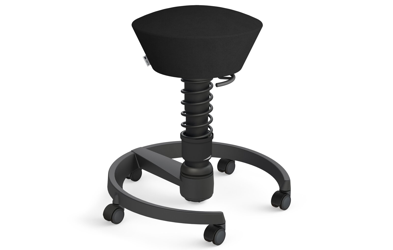 Schwarzer ergonomischer Swopper-Hocker mit Federmechanismus und Rollen, seitliche Perspektive