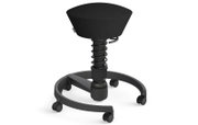 Zwarte ergonomische Swopper-kruk met veermechanisme en wieltjes, zijaanzicht