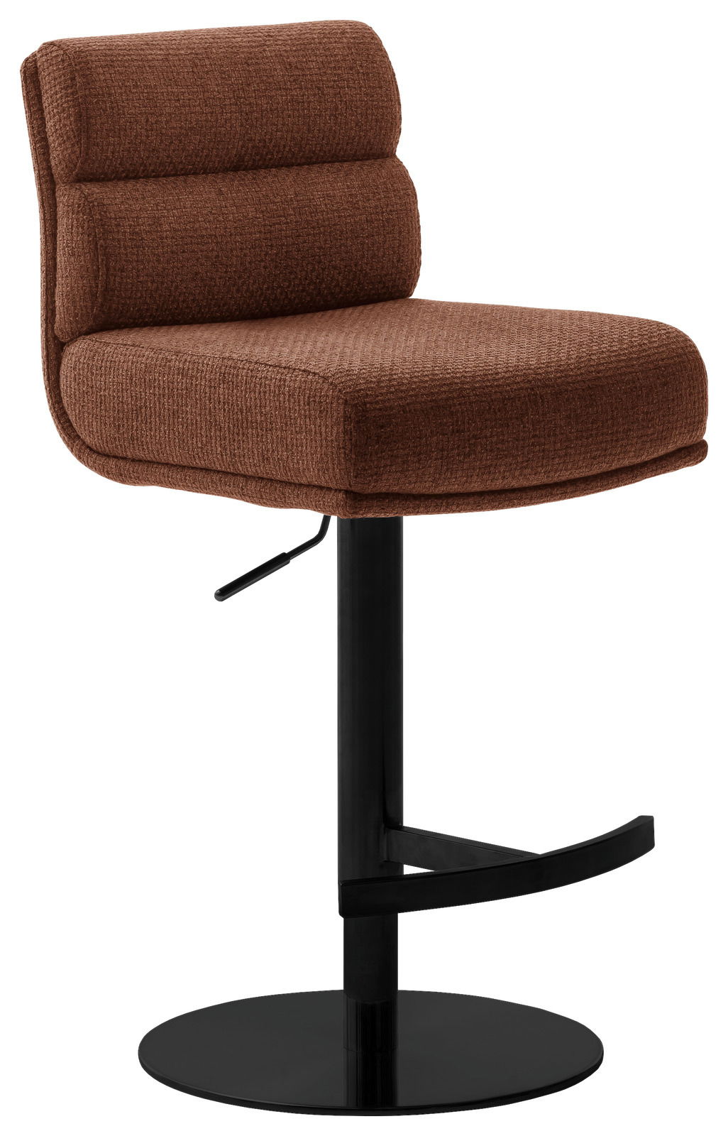 Dieter Knoll Barstuhl LEXINGTON Brauner Barstuhl mit gepolsterter Rückenlehne und Sitzfläche, schwarzem Metallfuß und Fußstütze, seitliche Perspektive