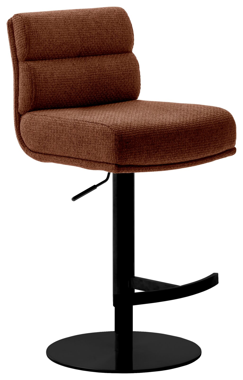 Dieter Knoll Barstuhl LEXINGTON Brauner Barstuhl mit gepolsterter Rückenlehne und Sitzfläche, schwarzem Metallfuß und Fußstütze, seitliche Perspektive