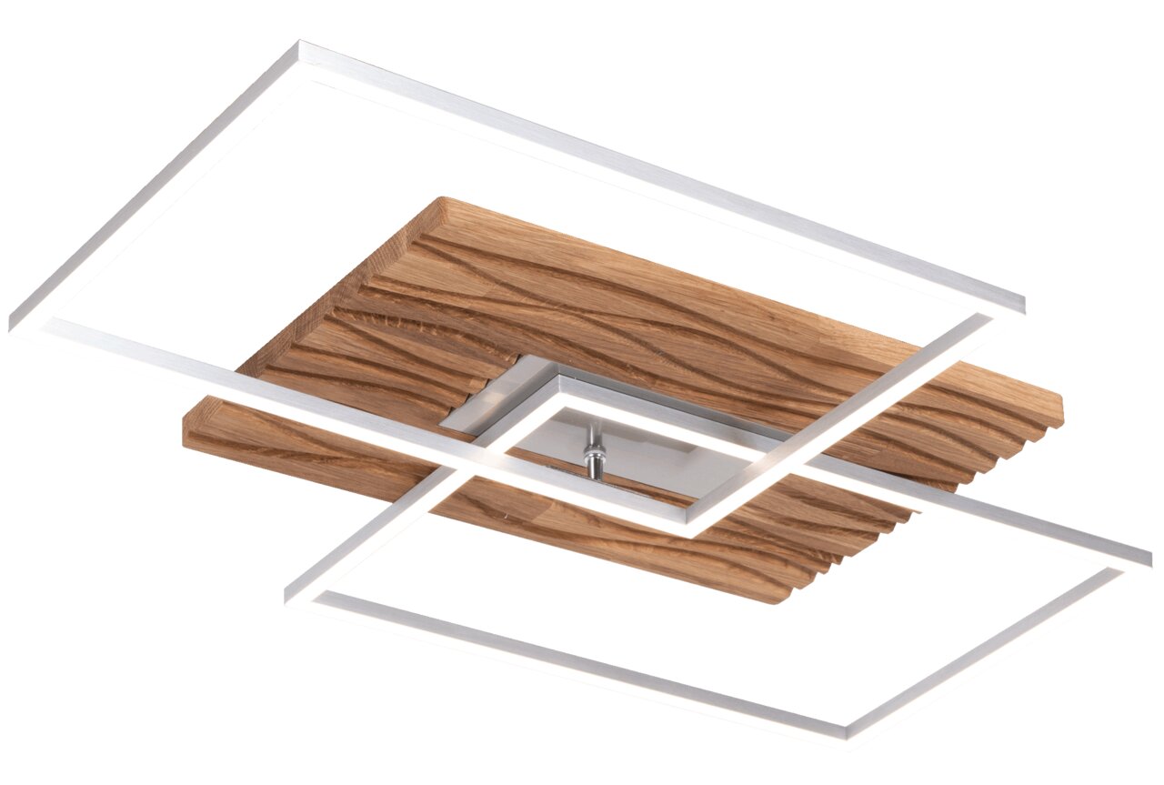 Moderne LED-Deckenleuchte mit Holzoptik und geometrischen Formen, seitliche Perspektive