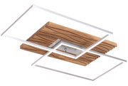 Moderne LED-Deckenleuchte mit Holzoptik und geometrischen Formen, seitliche Perspektive