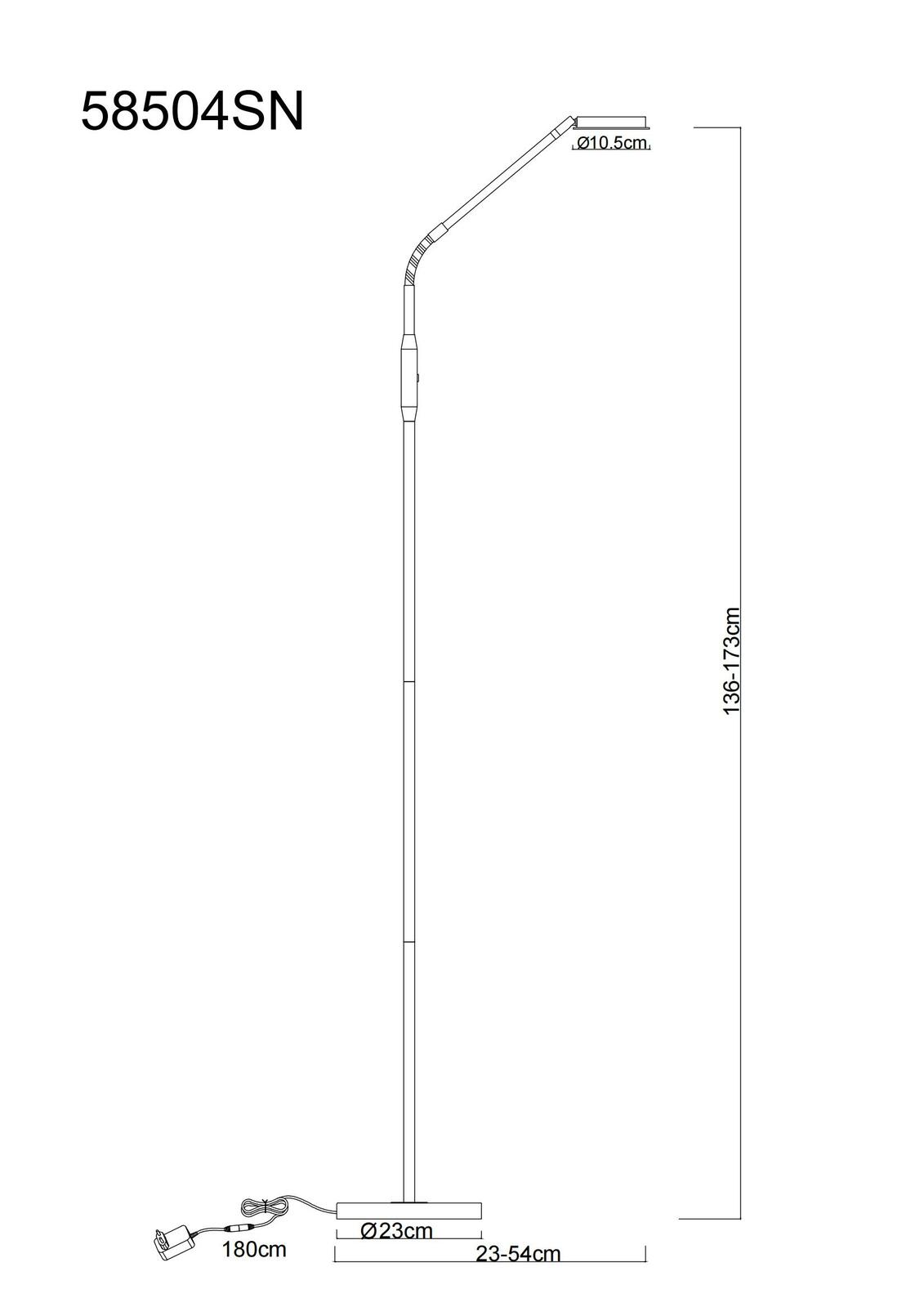 Technische Zeichnung einer LED-Stehleuchte mit verstellbarer Höhe von 136 bis 173 cm, einem runden Standfuß mit 23 cm Durchmesser und einem schwenkbaren Leuchtenkopf. Seitenansicht.