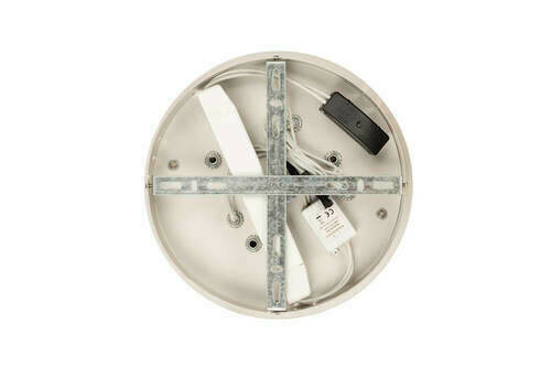 Rückansicht einer runden LED-Deckenleuchte mit sichtbaren Befestigungselementen und elektrischen Komponenten.