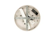 Rückansicht einer runden LED-Deckenleuchte mit sichtbaren Befestigungselementen und elektrischen Komponenten.